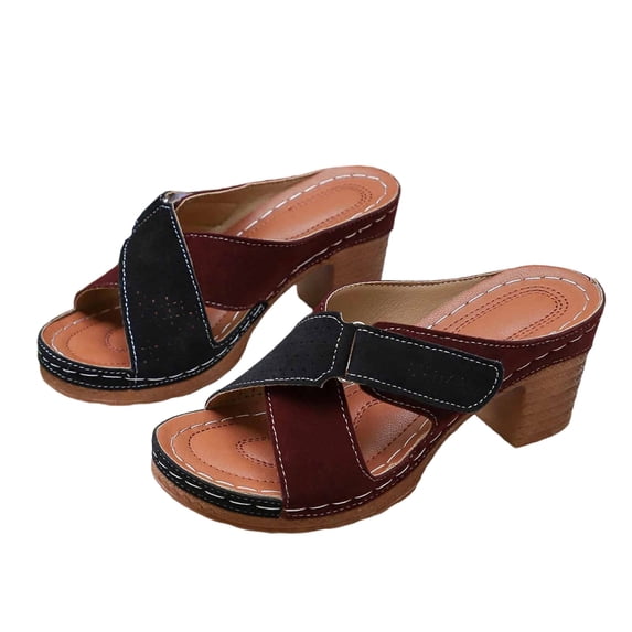 WRKEKC Womens Sandals Solid Color Vintage Elevated Cut Out Design Wide Strap High Heel Chunky Heel Slides Casual Summer