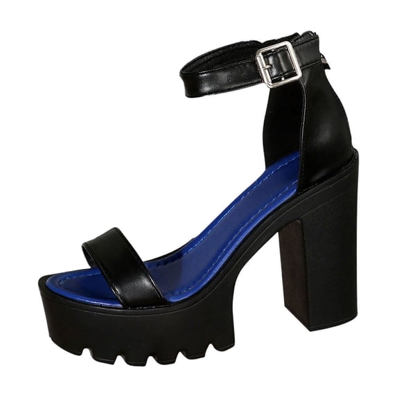 WRKEKC Womens Sandals Solid Color Wide Strap Open Toe High Heel Elevated Sandals Chunky Heel Casual Summer Versatile