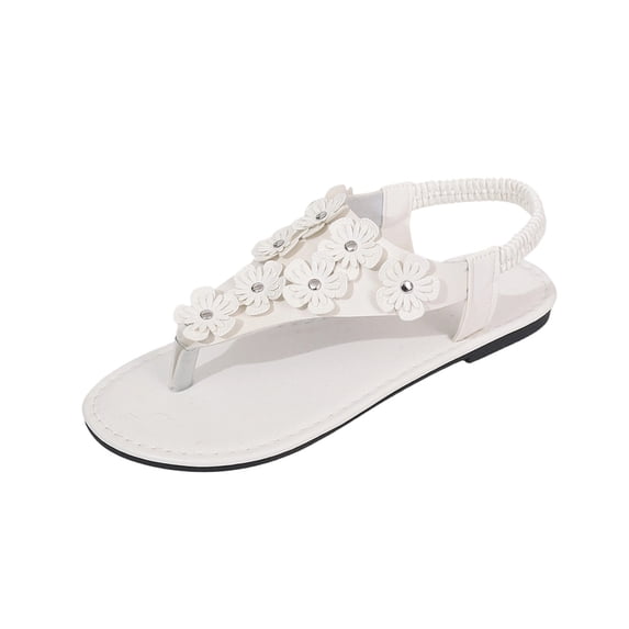 WRKEKC Womens Sandals Wide Width Round Toe Toe Post Open Toe Back Elastic Strap Flat Soft Sole Flower Decor Sandals Outdoor Casual