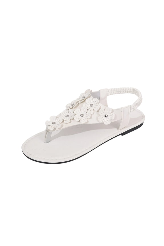 Womens Sandals Wide Width Round Toe Toe Post Open Toe Back Elastic Strap Flat Soft Sole Flower Decor Sandals Outdoor Casual