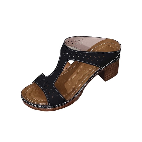 WRKEKC Womens Sandals Wide Width Solid Color Cut Out Design Round Toe Open Toe Chunky Heel High Heel Slides Casual Comfortable