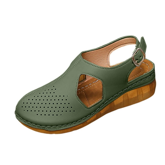 WRKEKC Womens Sandals Wide Width Solid Color Round Toe Closed Toe Buckle Strap Elevated Wedge Beach Sandals Casual Spring Summer