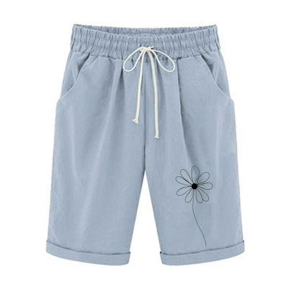 WRKEKC Womens Summer Shorts, Casual Shorts for Women, Women's Knee Length Comfy Lounge Printed Solid Color Drawstring Elastic Waist Shorts with Pockets
