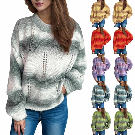 WRKEKC Womens Sweater Autumn Winter Casual Long Sleeve Print Knit Pullover with Round Neck Gradient Stripe Lace Design