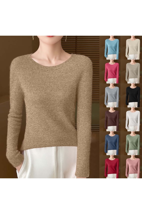 Womens Sweater Autumn Winter Casual Long Sleeve Solid Color Knit Pullover with Round Neck Slim Fit Base Layer Lightweight for Layering Under Tops Trendy