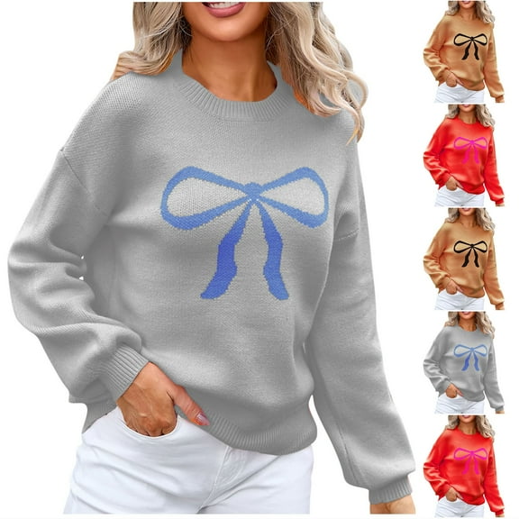 WRKEKC Womens Sweater Plus Size Oversized Sweaters for Women Autumn Winter Casual Long Sleeve Print Knit Pullover with Round Neck Bow Design for Curvy Comfort
