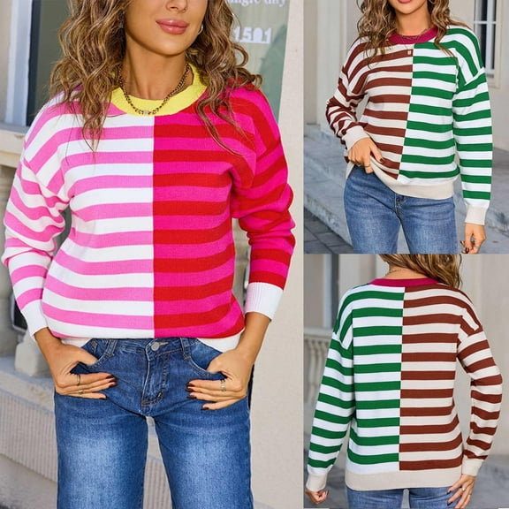 WRKEKC Womens Sweater Trendy Autumn Winter Casual Long Sleeve Stripe Print Knit Pullover with Round Neck Color Block Design Loose Fit Warm for Cold Weather