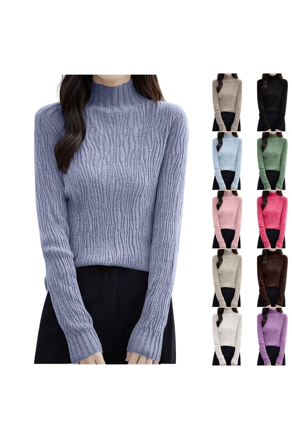 Womens Sweater Trendy Sweaters for Women Autumn Winter Casual Long Sleeve Solid Color Knit Pullover with High Neck Wave Pattern Loose Fit Cozy for Fall Fashion