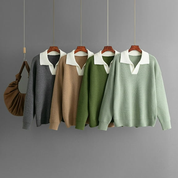 WRKEKC Womens Sweaters for Autumn Winter Casual Long Sleeve Solid Color Knit with V Neck Lapel Collar Loose Fit Open Front for Office Wear