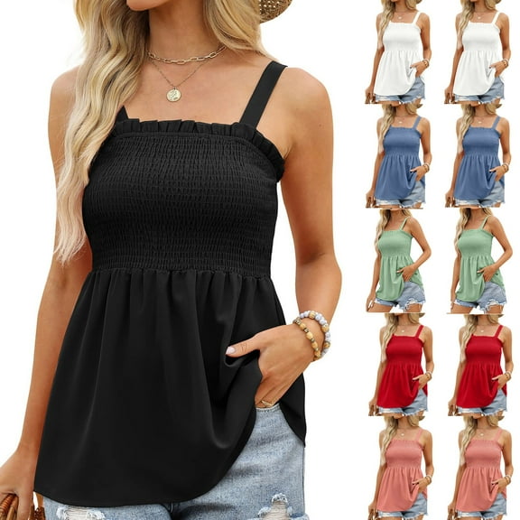 WRKEKC Womens Cami Tank Tops Solid Color Thin Strap Smocked Waist Ruffled Hem Sleeveless Tank Top for Summer Styling and Casual Gatherings