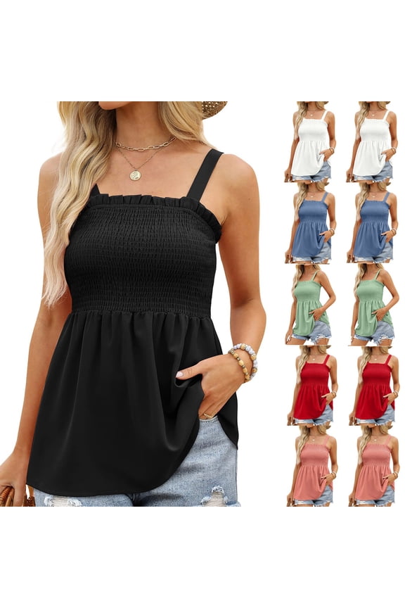 Womens Cami Tank Tops Solid Color Thin Strap Smocked Waist Ruffled Hem Sleeveless Tank Top for Summer Styling and Casual Gatherings