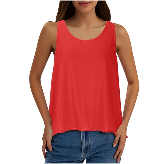 WRKEKC Womens Tank Tops Solid Color Round Neck Wide Strap Back Split Loose Fit Sleeveless Summer Casual Top for Women