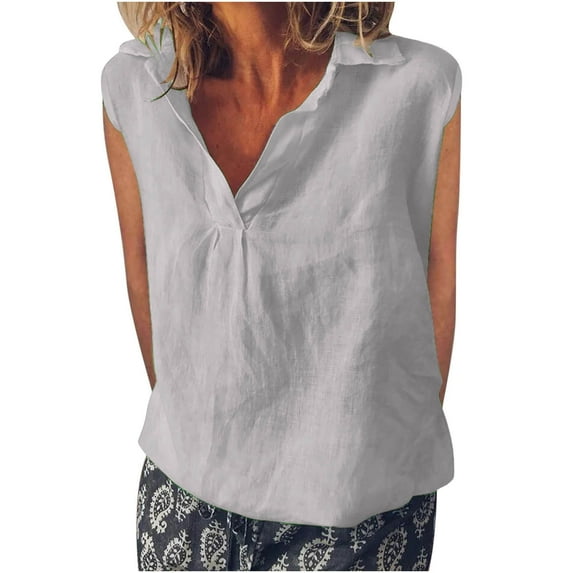 WRKEKC Womens V-Neck Tank Tops Solid Color Sleeveless Linen Casual Collared Tank Top for Daily Casual and Office Occasions