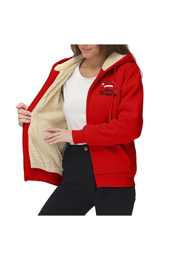 Womens Zip Up Hoodies Christmas Print Fleece Lined Long Sleeve Hooded Casual Jacket Warm Outerwear for Fall and Winter