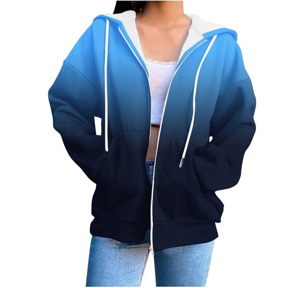 WRKEKC Womens Zip Up Hoodies Gradient Print Long Sleeve Hooded Sweatshirt Loose Fit Full Zip with Pockets Fall and Winter Casual Outerwear