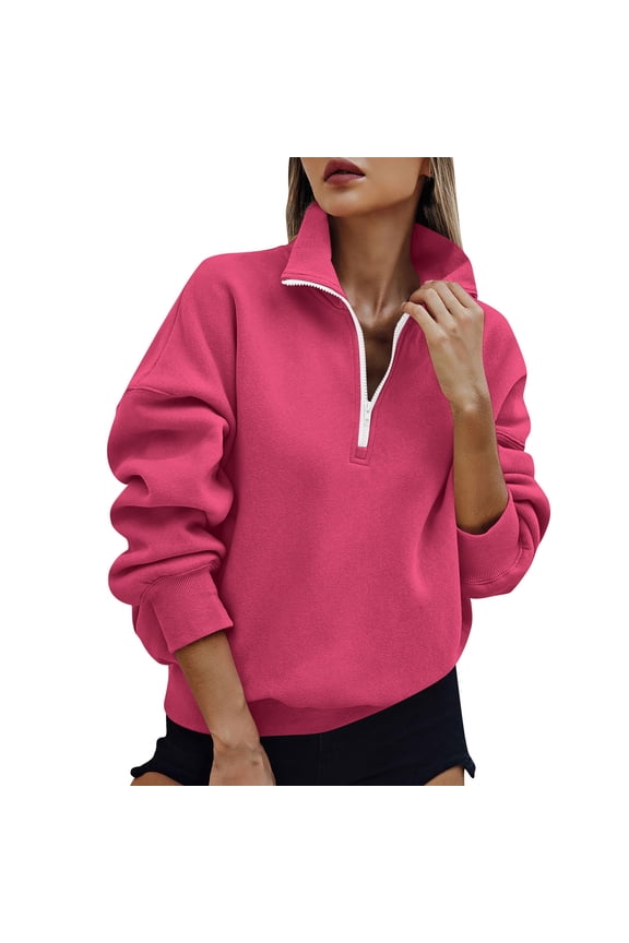 Womens Zip Up Hoodies Solid Color Collared Half Zip Loose Pullover Sweatshirt Long Sleeve Fall and Winter Outerwear