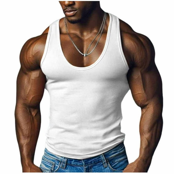 WRKEKC Workout Tank Tops for Men Solid Color Breathable Rounded Neck Sleeveless Tee for Summer Running