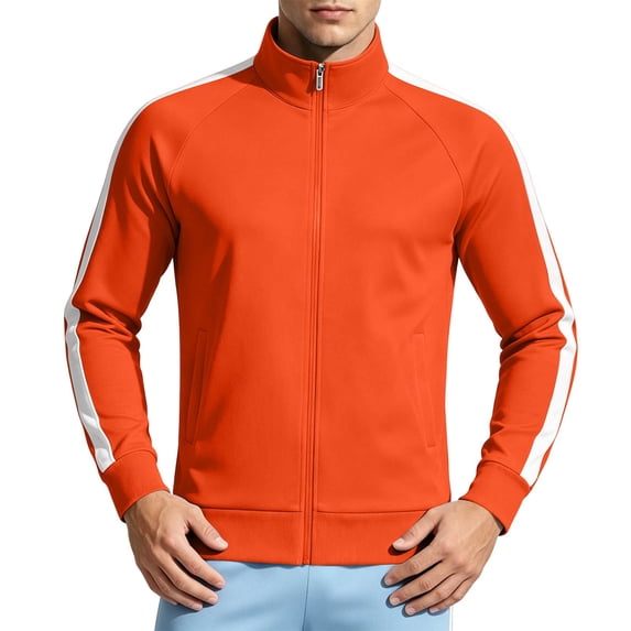 WRKEKC Zip Up Track Jacket for Men Stand Collar Raglan Sleeve Striped Outerwear with Side Pockets for Sports Jogging and Daily Wear