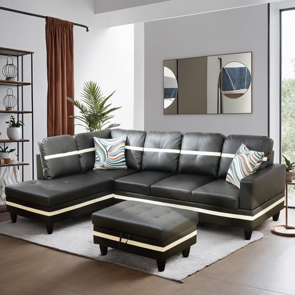 WRTEYEUI Convertible Sectional Sofa Couch, Faux Leather 4 Seat L-Shaped Sofa Set Modular Sofa Sleeper for Home, Living Room and Office, Diamond Pattern, Ginger, Left