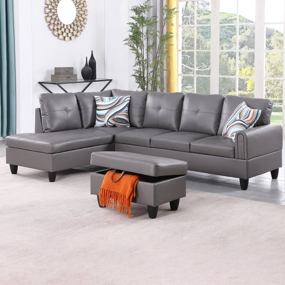 WRTEYEUI Convertible Sectional Sofa Couch, Faux Leather 4 Seat L-Shaped Sofa Set Modular Sofa Sleeper for Home, Living Room and Office, Diamond Pattern, Ginger, Left