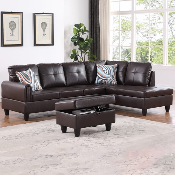 WRTEYEUI Convertible Sectional Sofa Couch, Faux Leather 4 Seat L-Shaped Sofa Set Modular Sofa Sleeper for Home, Living Room and Office, Diamond Pattern, Ginger, Left