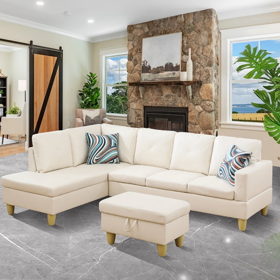 WRTEYEUI Convertible Sectional Sofa Couch, Faux Leather 4 Seat L-Shaped Sofa Set Modular Sofa Sleeper for Home, Living Room and Office, Diamond Pattern, Ginger, Left