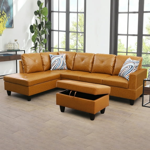 WRTEYEUI Convertible Sectional Sofa Couch, Faux Leather 4 Seat L-Shaped Sofa Set Modular Sofa Sleeper for Home, Living Room and Office, Diamond Pattern, Ginger, Left
