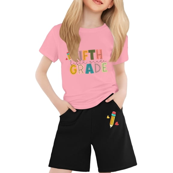 WRTFVZA Back to School Outfits for Girls T Shirt and Shorts Graphic Clothes T-shirt and Shorts Combination for 2-13 Years Old
