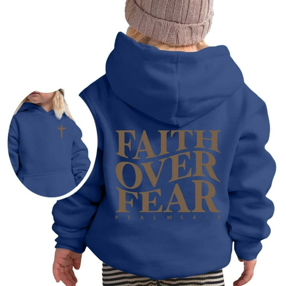 WRTFVZA Brown Hoodie for Girls, Fashion Christian Letter Faith Over Fear Long Sleeve Hooded Sweatshirts (Big & Tall, Dark Blue, 11-12 Years)