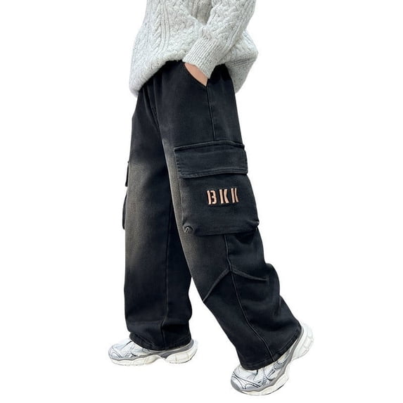 WRTFVZA Cargo Jeans Boys Pants Size 12 Wide Leg with Pockets Comfortable Breathable Kids Loose Denim Pants