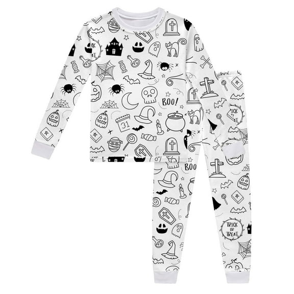 WRTFVZA Girls Boys Halloween Pajama Set Long Sleeve Sleepwear With DIY Print Comfortable Wear for Kids 2 10 Years