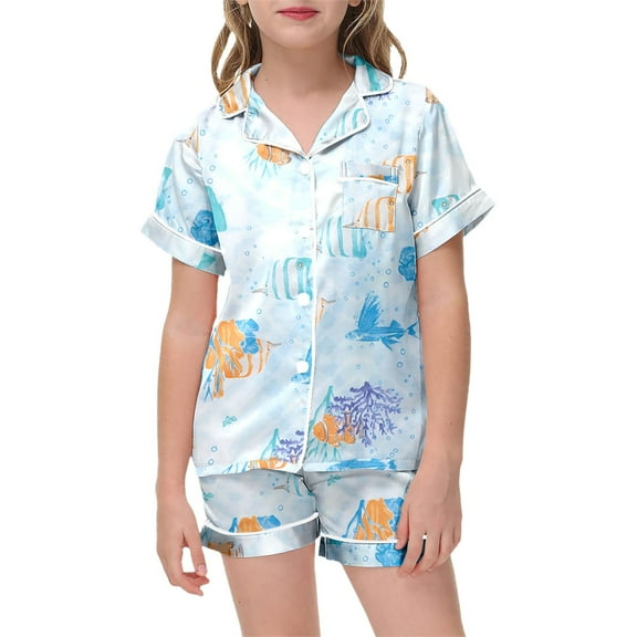 WRTFVZA Girls Pajamas 5-6 Years Girls Pajamas Set Satin 2PCS Sleepwear 3-10 Years Kids Silky Button-Down Shorts Set