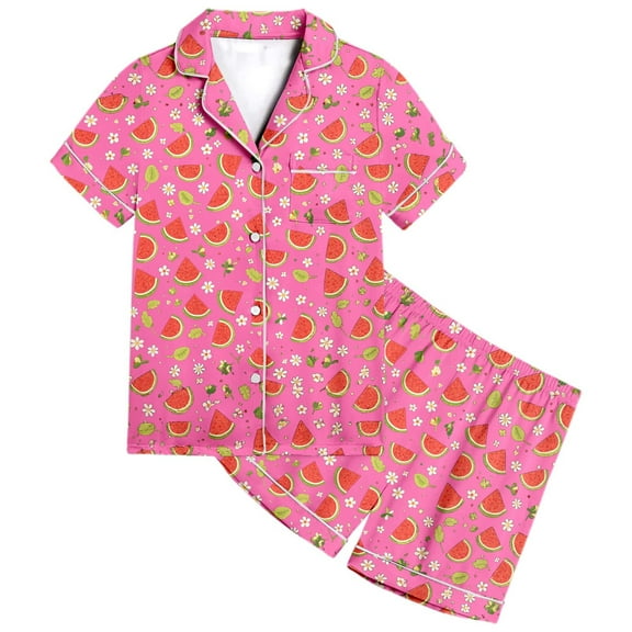 WRTFVZA Girls Satin Pajamas Size 12-14 Size 8-9 Years Hot Pink Girls Pajamas Sets Short Sleeve Kids Pjs Button Down Sleepwear for 4-13Y