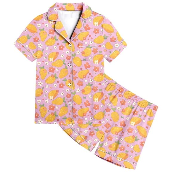 WRTFVZA Girls' Sleepwear Size 12-13 Years Pink Toddler Baby Girls 2 Piece Pajamas Set Cute Print Button down Short Sleeve Tops & Shorts𝗦Sleepwear Kids Loungwear
