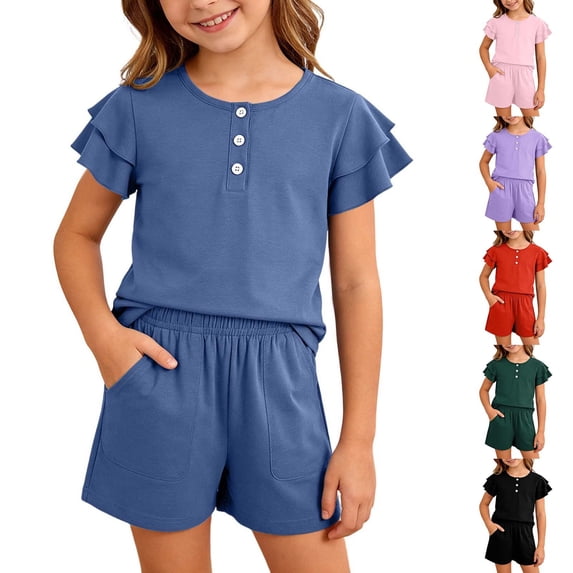WRTFVZA Girls Summer Two Piece Outfit Ruffled Short Sleeve Button Down Top and Matching Shorts Set for Kids and Toddler Outfits for Girls 6T