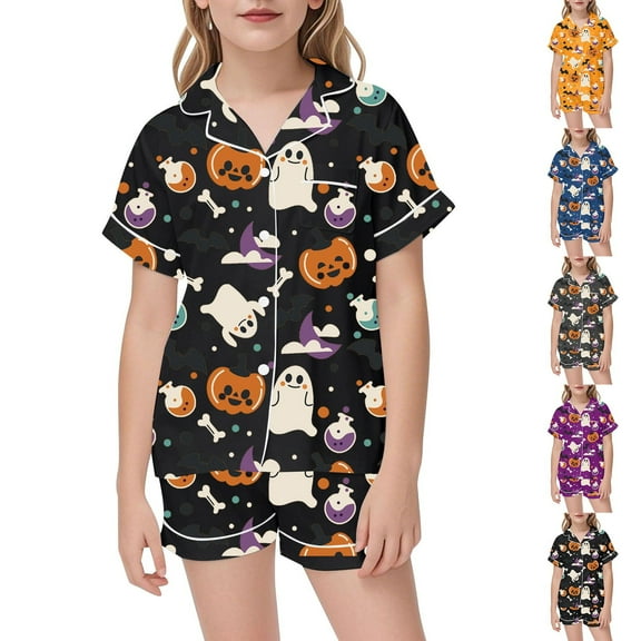 WRTFVZA Halloween Silk Pajamas Size 2-3 Years Dark Gray Girls Button Down Sleepwear Pumpkin Pajamas Short Sleeve With Shorts 2PCS Pajama Sets Casual Lapel Loungewear Playwear