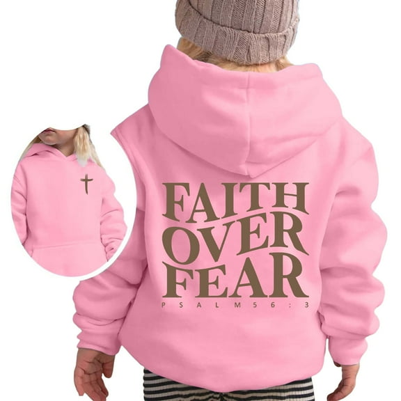 WRTFVZA Hoodies for Girls 9-10, Fashion Christian Letter Faith Over Fear Long Sleeve Hooded Sweatshirts (Big & Tall, Pink, 12-13 Years)