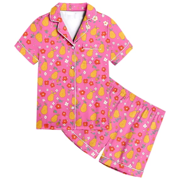 WRTFVZA Kids Silk Pajamas Girls Size 10-11 Years Hot Pink Toddler Girls Pajama Set Floral Print Short Sleeve Button Down Top Shorts 2PC Satin Sleepwear