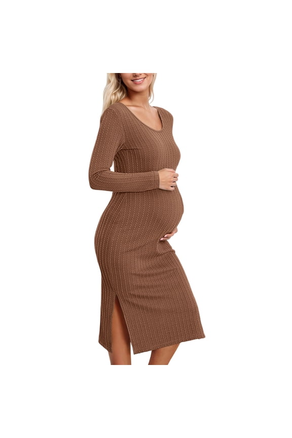 Maternity Bodycon Dress, Long Sleeve Ribbed Knit, Side Slit Pregnancy Dress for Fall Winter Style