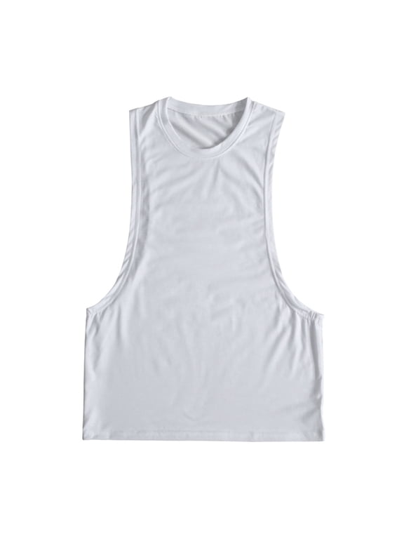 Men's Muscle Cut Off Tank Tops Bodybuilding Fitness Loose Sleeveless Gym Shirts Workout Stringer Tee Shirt, White