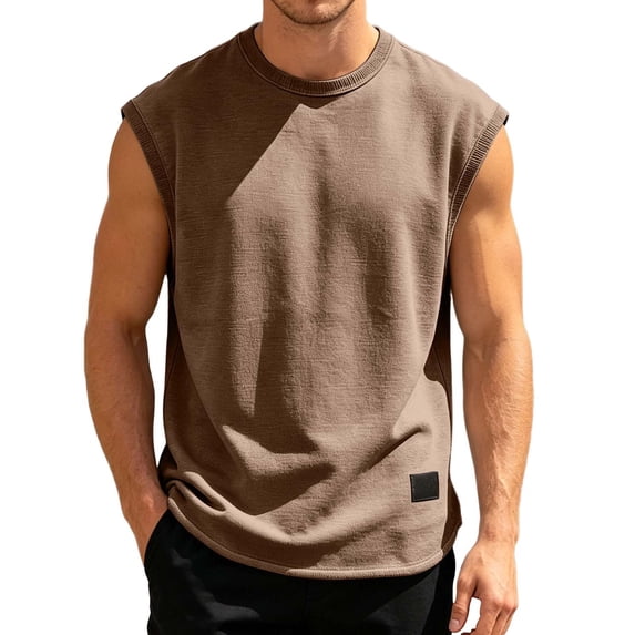 WRTFVZA Mens Sleeveless Shirts, Solid Workout Tank Tops Cut Off Shirts Gym Muscle Loose Fit Tee, Coffee
