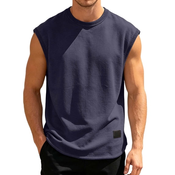 WRTFVZA Mens Sleeveless Shirts, Solid Workout Tank Tops Cut Off Shirts Gym Muscle Loose Fit Tee, Dark Blue