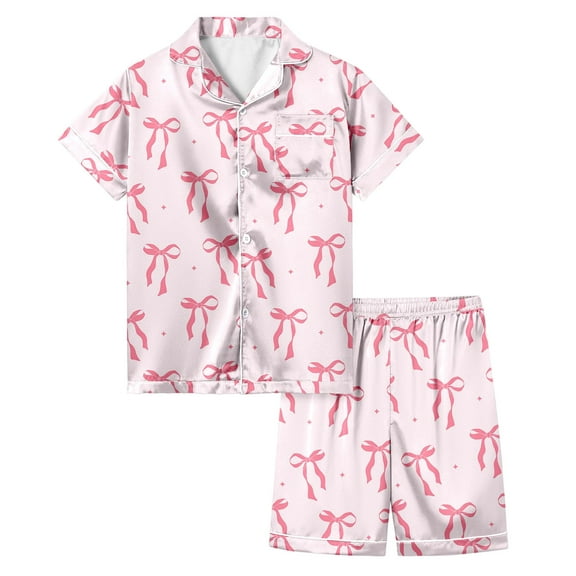 WRTFVZA Preppy Pjs 12-13 Years Kids Girls Pajama Set Silky PJS Button-Down Sleepwear Nightwear Loungewear Clothes Set