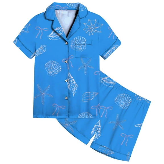 WRTFVZA Satin Silk Pajamas Girls Size 10-11 Years Blue Silk Satin Pajamas Cute Bow Pajama set 2 Piece Button up shirts Shorts Pjs Sets Sleepwear Loungewear