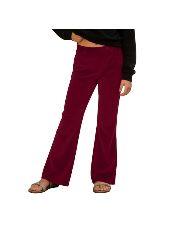 Velvet Pants For Girls Elegant Solid Color Wide Leg Velour Trousers Soft Stretch Flare Leggings 70s Bell Bottom Yoga Pants Wine 7-8 Years