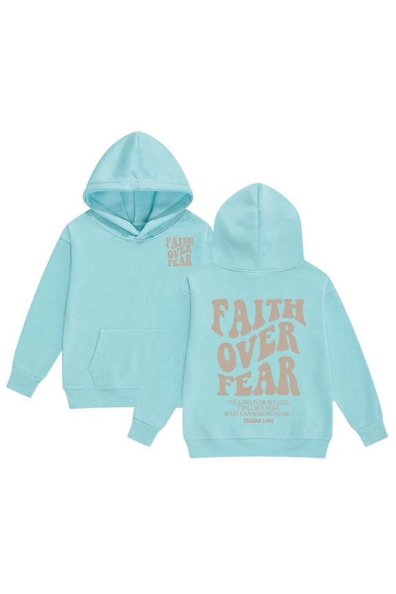 A White Hoodie for Teen, Faith Over Fear Hoodie Sweatshirt Long Sleeve Tops with Pockets (Big & Tall, Mint Green, 10-11 Years)