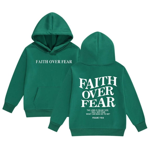 WRTFVZA Y2k Hoodies Girls, Fashion Letter Printed Faith Over Fear Christian Hoodie Sweatshirts (Little Girls, Dark Green, 6-7 Years)
