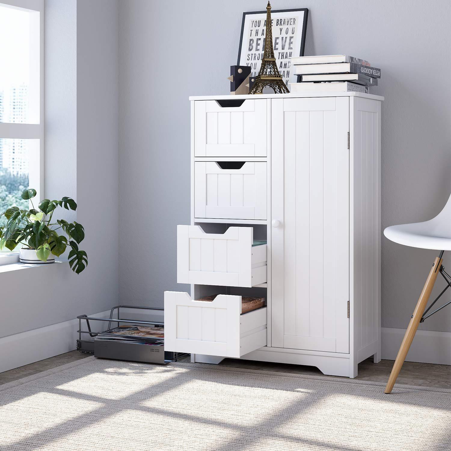 WRTHN Free-Standing Bathroom Storage Cabinet, 4 Drawers + 1 Cupboard, Waterproof P2 MDF, White, 22"L11.8"W32.3"H (3-Position Adjustable Cupboard Shelf)