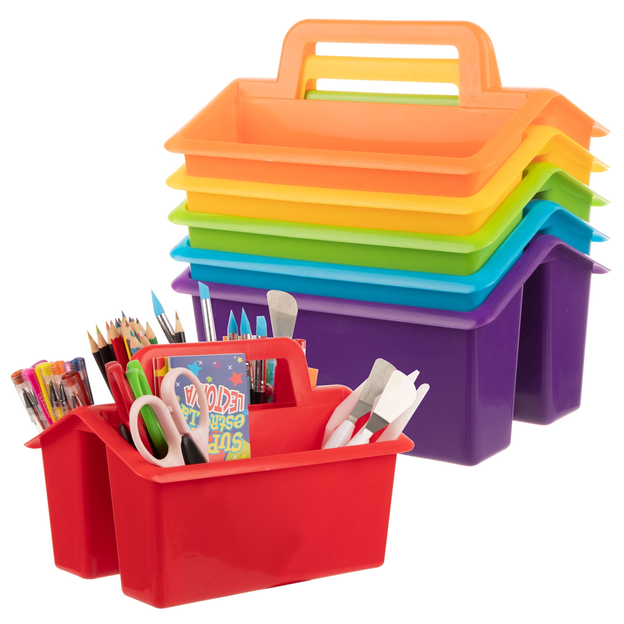 Weysat 6-Pack Classroom Storage Caddies – 3-Compartment Plastic Baskets With Handle, Assorted Colors | For Supplies, Crafts, Organization