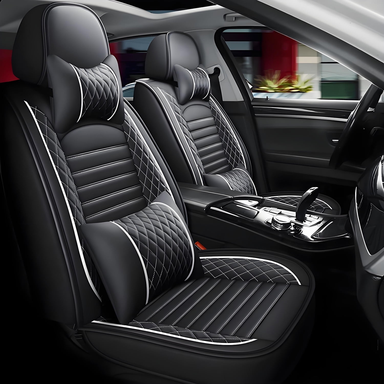 WRWolf Seat Covers for Ford Maverick 2022-2025 | 5-Seats Leather Seat Covers, Easy to Install Automotive Seat Covers Full Set (Full Set, Black&White)